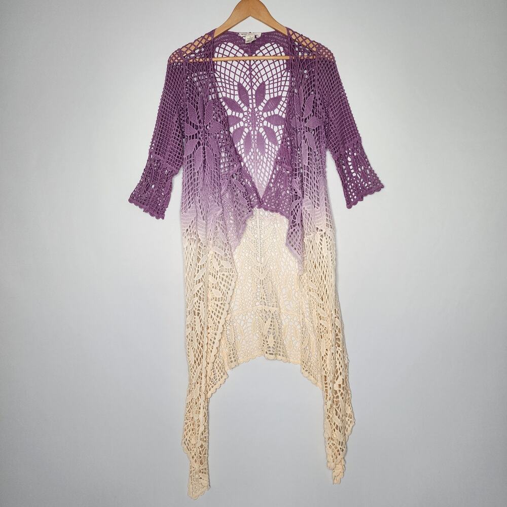 Boho Purple Ombre Long Crochet Sweater Women's XS